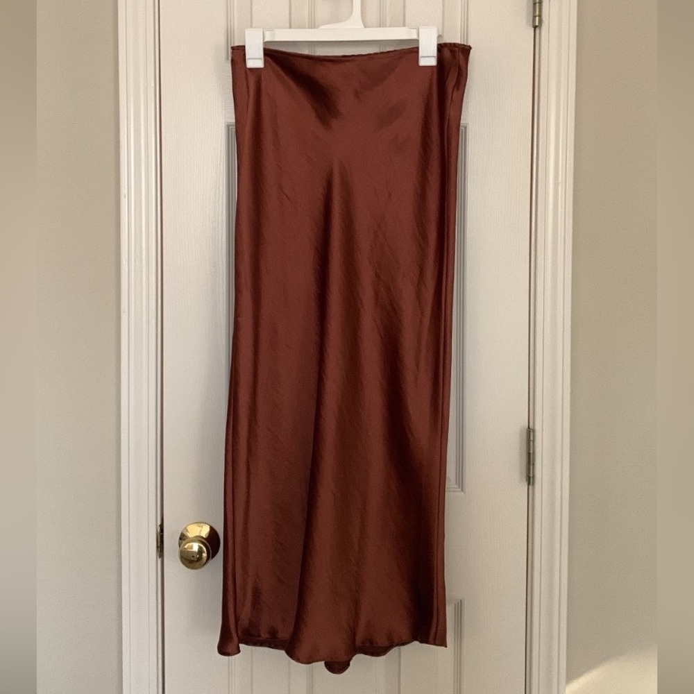 Brown satin midi skirt